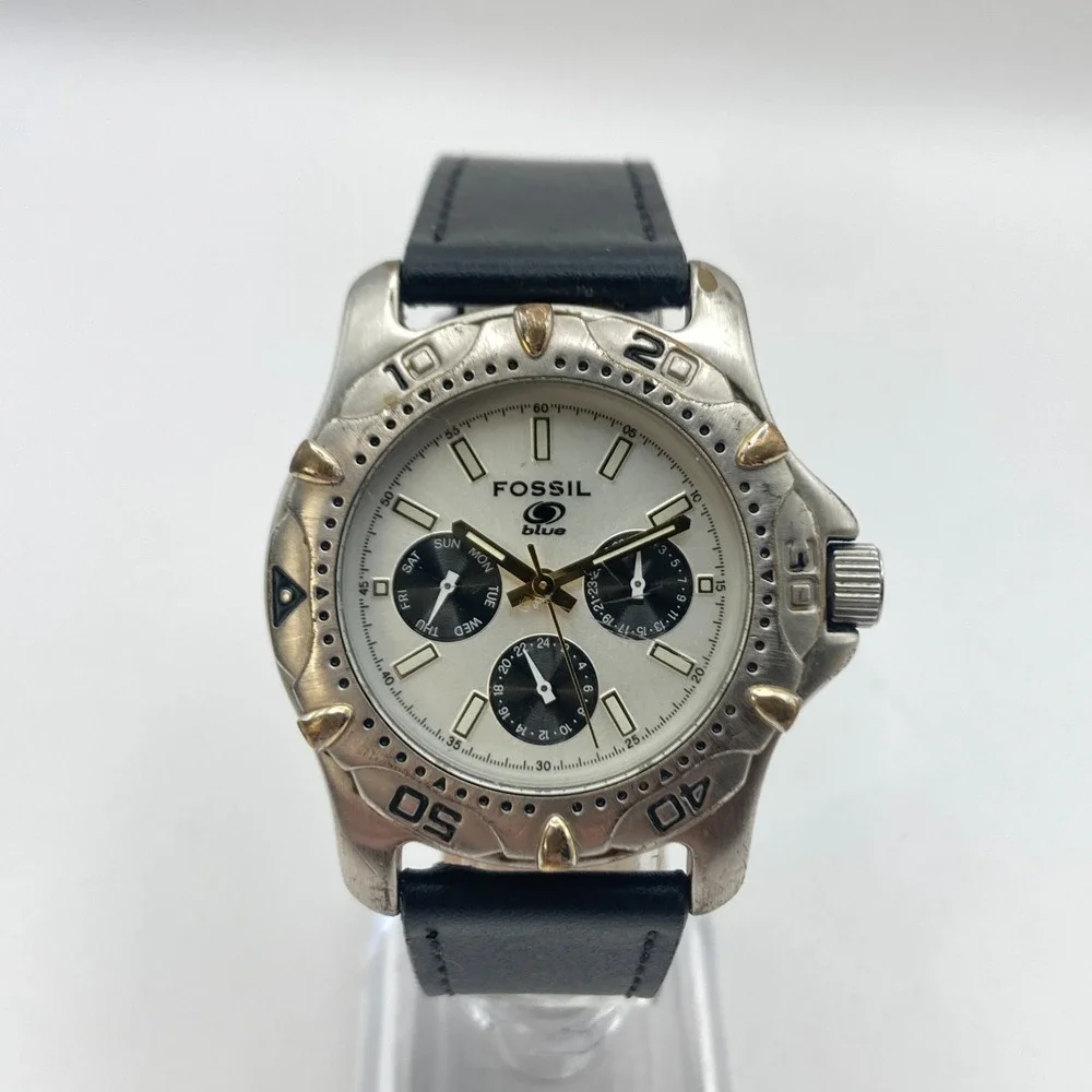 Fossil Blue Men's Watch 38mm Silver Tone Day Date Rotating Bezel New Battery 9